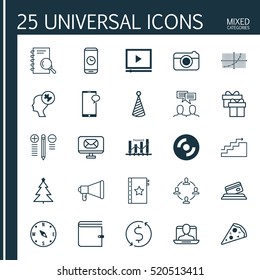 Set Of 25 Universal Editable Icons. Can Be Used For Web, Mobile And App Design. Includes Elements Such As Sliced Pizza, Messaging, Announcement And More.