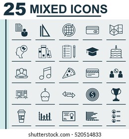 Set Of 25 Universal Editable Icons. Can Be Used For Web, Mobile And App Design. Includes Elements Such As Sliced Pizza, Phone Conference, Reminder And More.