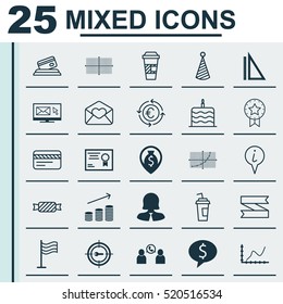 Set Of 25 Universal Editable Icons. Can Be Used For Web, Mobile And App Design. Includes Elements Such As Greeting Email, Birthday Hat, Coins Growth And More.