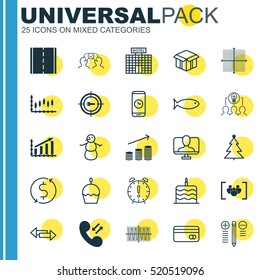 Set Of 25 Universal Editable Icons. Can Be Used For Web, Mobile And App Design. Includes Elements Such As Winter, Celebration Cake, Decorated Tree And More.