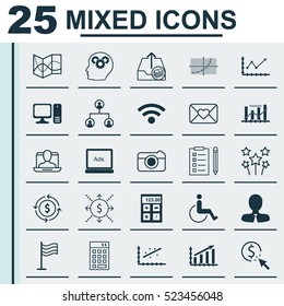 Set Of 25 Universal Editable Icons. Can Be Used For Web, Mobile And App Design. Includes Elements Such As Desktop Computer, Street, Changes Graph And More.