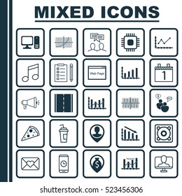 Set Of 25 Universal Editable Icons. Can Be Used For Web, Mobile And App Design. Includes Elements Such As Fail Graph, Desktop Computer, Money Navigation And More.