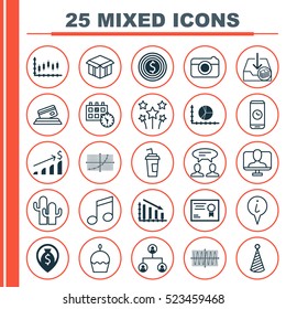 Set Of 25 Universal Editable Icons. Can Be Used For Web, Mobile And App Design. Includes Elements Such As Street, Birthday Hat, Business Goal And More.