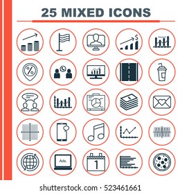Set Of 25 Universal Editable Icons. Can Be Used For Web, Mobile And App Design. Includes Elements Such As Pizza Meal, Coins Growth, Agenda And More.
