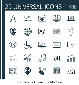 Set Of 25 Universal Editable Icons. Can Be Used For Web, Mobile And App Design. Includes Elements Such As Airport Construction, Decorated Tree, Pin Employee And More.