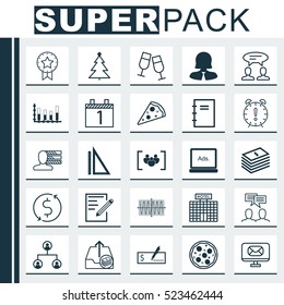 Set Of 25 Universal Editable Icons. Can Be Used For Web, Mobile And App Design. Includes Elements Such As Pizza Meal, Champagne Glasses, Business Woman And More.