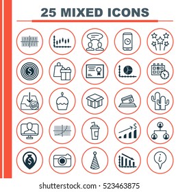 Set Of 25 Universal Editable Icons. Can Be Used For Web, Mobile And App Design. Includes Elements Such As Sinus Graph, Birthday Hat, Business Goal And More.