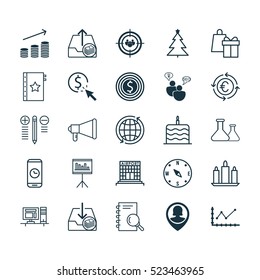 Set Of 25 Universal Editable Icons. Can Be Used For Web, Mobile And App Design. Includes Elements Such As Celebration Cake, SEO Brainstorm, Business Goal And More.