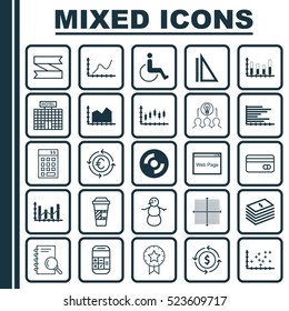 Set Of 25 Universal Editable Icons. Can Be Used For Web, Mobile And App Design. Includes Elements Such As Graphical Grid, Collaborative Solution, Calculation And More.