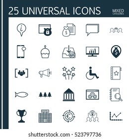 Set Of 25 Universal Editable Icons. Can Be Used For Web, Mobile And App Design. Includes Elements Such As Tournament, Security, Hotel Construction And More.