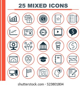 Set Of 25 Universal Editable Icons. Can Be Used For Web, Mobile And App Design. Includes Elements Such As Business Goal, Graduation, Video Player And More.