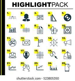 Set Of 25 Universal Editable Icons. Can Be Used For Web, Mobile And App Design. Includes Elements Such As Music, Coaching, Stock Market And More.