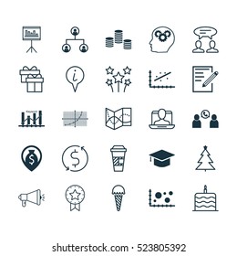 Set Of 25 Universal Editable Icons. Can Be Used For Web, Mobile And App Design. Includes Elements Such As Analytics, Dialogue, Celebration Cake And More.
