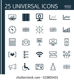 Set Of 25 Universal Editable Icons. Can Be Used For Web, Mobile And App Design. Includes Elements Such As Locate, Presentation, Money And More.