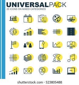 Set Of 25 Universal Editable Icons. Can Be Used For Web, Mobile And App Design. Includes Elements Such As Successful Investment, Changes Graph, Pizza Meal And More.