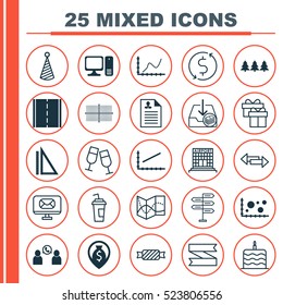 Set Of 25 Universal Editable Icons. Can Be Used For Web, Mobile And App Design. Includes Elements Such As Airport Construction, Achievement Graph, Road Map And More.