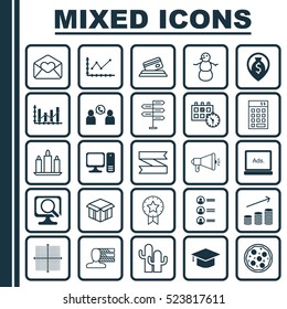 Set Of 25 Universal Editable Icons. Can Be Used For Web, Mobile And App Design. Includes Elements Such As Present Badge, Open Cardboard, Changes Graph And More.