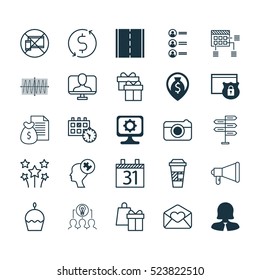 Set Of 25 Universal Editable Icons. Can Be Used For Web, Mobile And App Design. Includes Elements Such As Schedule, Shopping, Collaborative Solution And More.