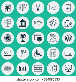 Set Of 25 Universal Editable Icons. Can Be Used For Web, Mobile And App Design. Includes Elements Such As Raise Diagram, Crotchets, Changes Graph And More.