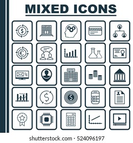 Set Of 25 Universal Editable Icons. Can Be Used For Web, Mobile And App Design. Includes Elements Such As Video Player, Currency Recycle, Present Badge And More.