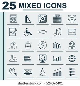 Set Of 25 Universal Editable Icons. Can Be Used For Web, Mobile And App Design. Includes Elements Such As Bars Chart, Music, Accessibility And More.