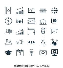 Set Of 25 Universal Editable Icons. Can Be Used For Web, Mobile And App Design. Includes Elements Such As Takeaway Coffee, Holiday Ornament, Plot Diagram And More.