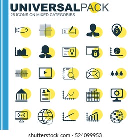 Set Of 25 Universal Editable Icons. Can Be Used For Web, Mobile And App Design. Includes Elements Such As Profit Graph, Video Player, PC And More.