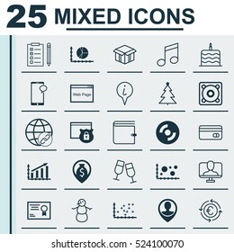 Set Of 25 Universal Editable Icons. Can Be Used For Web, Mobile And App Design. Includes Elements Such As Certificate, Crotchets, Plot Diagram And More.
