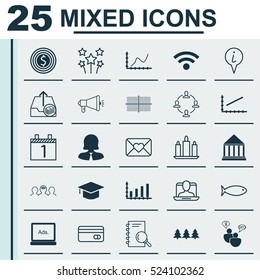 Set Of 25 Universal Editable Icons. Can Be Used For Web, Mobile And App Design. Includes Elements Such As Celebration Letter, Plastic Card, Business Goal And More.