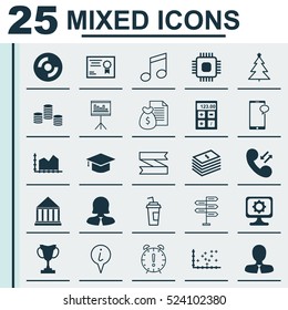Set Of 25 Universal Editable Icons. Can Be Used For Web, Mobile And App Design. Includes Elements Such As Plot Diagram, Decorated Tree, Messaging And More.