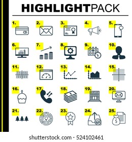 Set Of 25 Universal Editable Icons. Can Be Used For Web, Mobile And App Design. Includes Elements Such As Media Campaign, Present Badge, Changes Graph And More.
