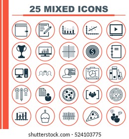 Set Of 25 Universal Editable Icons. Can Be Used For Web, Mobile And App Design. Includes Elements Such As Video Player, Personal Skills, Sliced Pizza And More.