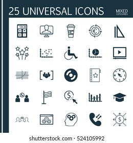Set Of 25 Universal Editable Icons. Can Be Used For Web, Mobile And App Design. Includes Elements Such As Line Grid, Graduation, Video Player And More.