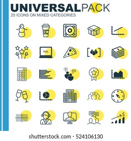 Set Of 25 Universal Editable Icons. Can Be Used For Web, Mobile And App Design. Includes Elements Such As Questionnaire, Champagne Glasses, Hotel Construction And More.