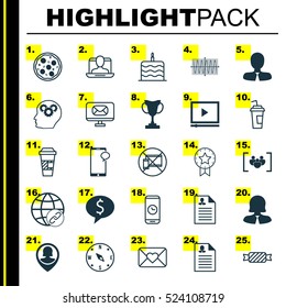 Set Of 25 Universal Editable Icons. Can Be Used For Web, Mobile And App Design. Includes Elements Such As Celebration Letter, Sinus Graph, Social Profile And More.