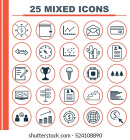Set Of 25 Universal Editable Icons. Can Be Used For Web, Mobile And App Design. Includes Elements Such As Growth, Curriculum Vitae, PPC And More.