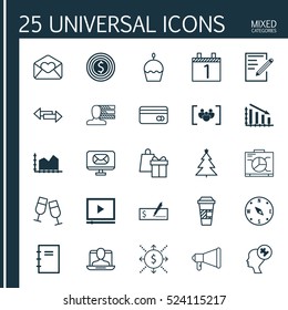 Set Of 25 Universal Editable Icons. Can Be Used For Web, Mobile And App Design. Includes Elements Such As Fail Graph, Sequence Graphics, Birthday Cake And More.
