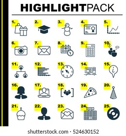 Set Of 25 Universal Editable Icons. Can Be Used For Web, Mobile And App Design. Includes Elements Such As Business Woman, Info Pointer, Certificate And More.