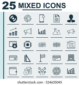 Set Of 25 Universal Editable Icons. Can Be Used For Web, Mobile And App Design. Includes Elements Such As Chip, Report, Profit Graph And More.