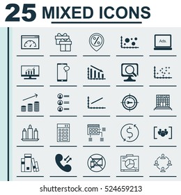Set Of 25 Universal Editable Icons. Can Be Used For Web, Mobile And App Design. Includes Elements Such As Laptop, Fail Graph, Plot Diagram And More.