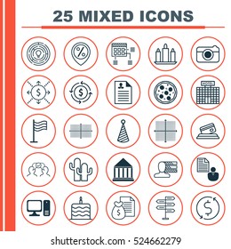 Set Of 25 Universal Editable Icons. Can Be Used For Web, Mobile And App Design. Includes Elements Such As Money, Report, Hotel Construction And More.