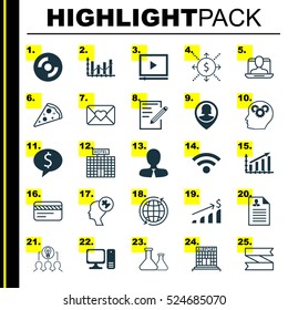 Set Of 25 Universal Editable Icons. Can Be Used For Web, Mobile And App Design. Includes Elements Such As Social Profile, Celebration Letter, Sliced Pizza And More.