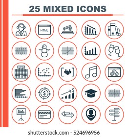 Set Of 25 Universal Editable Icons. Can Be Used For Web, Mobile And App Design. Includes Elements Such As Plot Diagram, Library, Website Performance And More.
