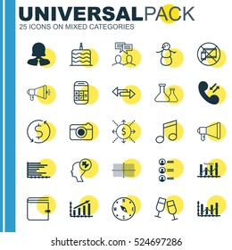 Set Of 25 Universal Editable Icons. Can Be Used For Web, Mobile And App Design. Includes Elements Such As Crotchets, Chemical, Media Campaign And More.