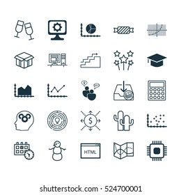 Set Of 25 Universal Editable Icons. Can Be Used For Web, Mobile And App Design. Includes Elements Such As Plot Diagram, Chip, Growth And More.