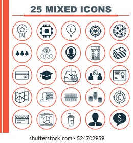 Set Of 25 Universal Editable Icons. Can Be Used For Web, Mobile And App Design. Includes Elements Such As Road Map, Holiday Ornament, Cosinus Diagram And More.