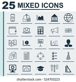 Set Of 25 Universal Editable Icons. Can Be Used For Web, Mobile And App Design. Includes Elements Such As Report, PC, Graduation And More.