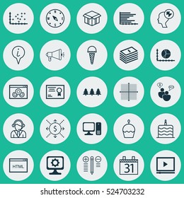 Set Of 25 Universal Editable Icons. Can Be Used For Web, Mobile And App Design. Includes Elements Such As Open Cardboard, Video Player, Certificate And More.