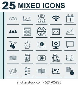 Set Of 25 Universal Editable Icons. Can Be Used For Web, Mobile And App Design. Includes Elements Such As Sinus Graph, Holiday Ornament, PC And More.