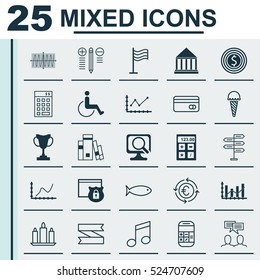 Set Of 25 Universal Editable Icons. Can Be Used For Web, Mobile And App Design. Includes Elements Such As Security, Currency Recycle, Library And More.